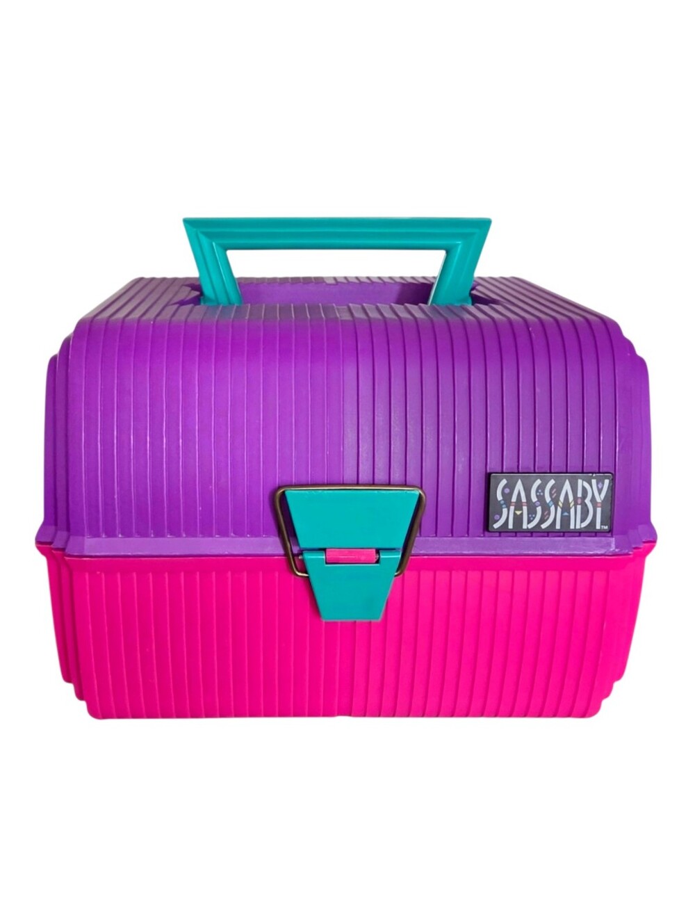 Vintage Sassaby makeup organizer cosmetics case purple pink flip-up mirror